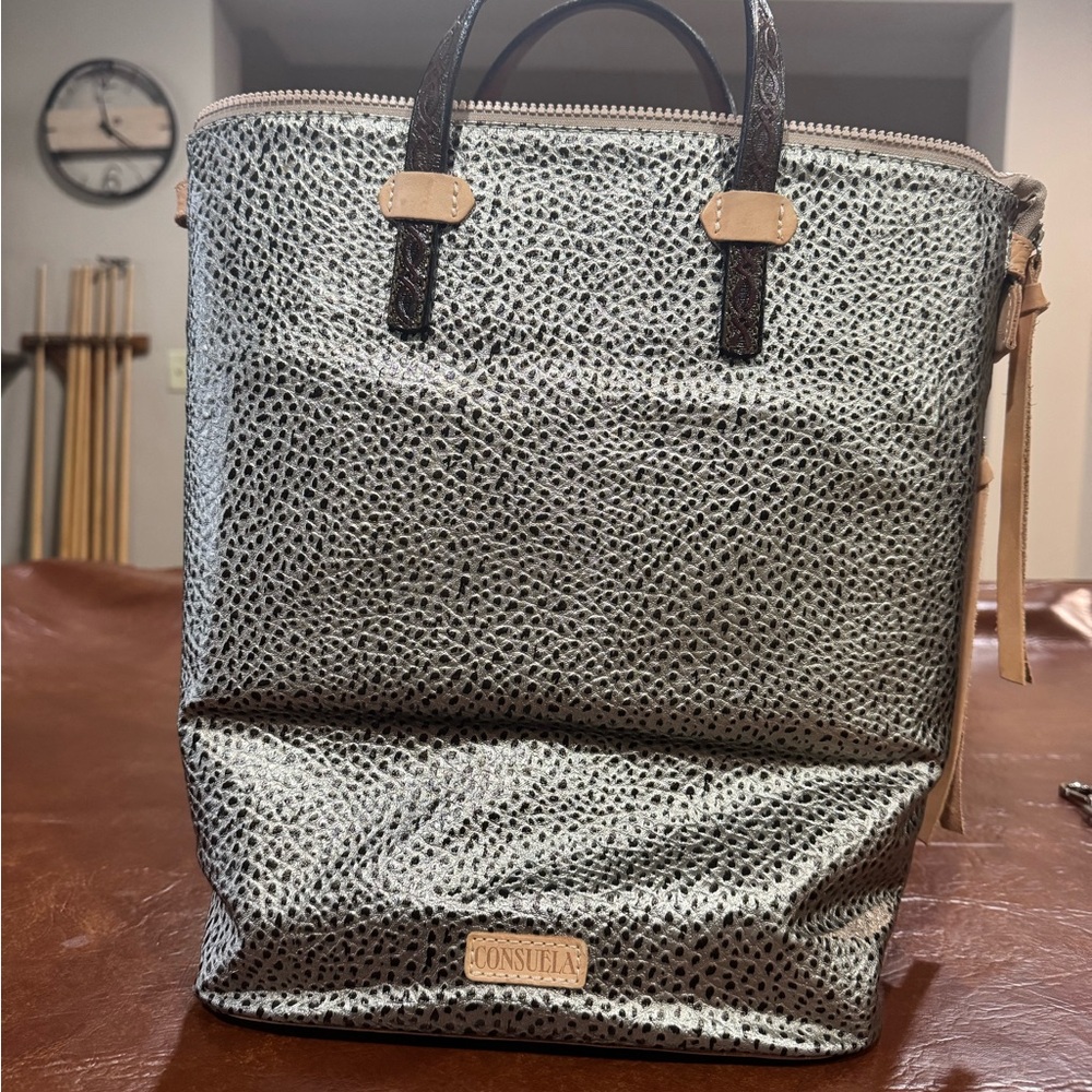 Consuela Metallic Silver Textured Tote with Brown Handles